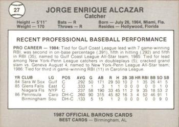 1987 Best Birmingham Barons #27 Jorge Alcazar Back