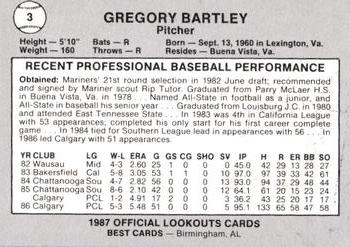 1987 Best Chattanooga Lookouts #3 Gregory Bartley Back