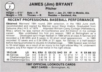 1987 Best Chattanooga Lookouts #7 James Bryant Back