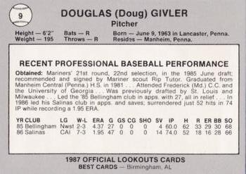 1987 Best Chattanooga Lookouts #9 Doug Givler Back