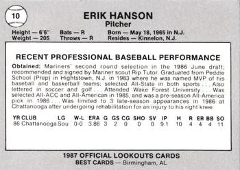 1987 Best Chattanooga Lookouts #10 Erik Hanson Back