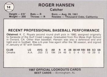 1987 Best Chattanooga Lookouts #14 Roger Hansen Back