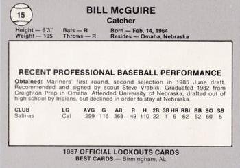 1987 Best Chattanooga Lookouts #15 Bill McGuire Back