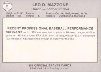 1987 Best Greenville Braves #2 Leo Mazzone Back