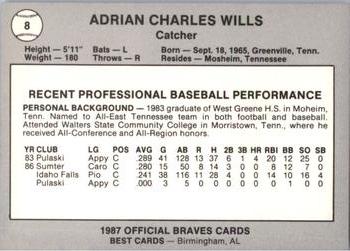 1987 Best Greenville Braves #8 Adrian Wills Back