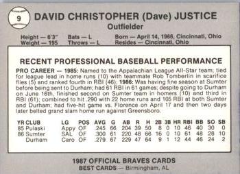 1987 Best Greenville Braves #9 David Justice Back