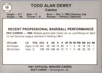 1987 Best Greenville Braves #10 Todd Dewey Back