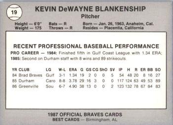 1987 Best Greenville Braves #19 Kevin Blankenship Back