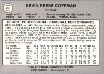 1987 Best Greenville Braves #20 Kevin Coffman Back