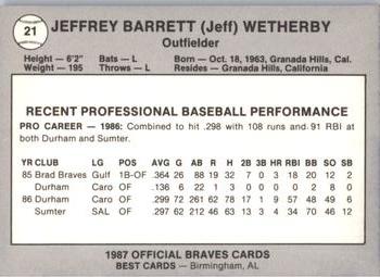 1987 Best Greenville Braves #21 Jeff Wetherby Back