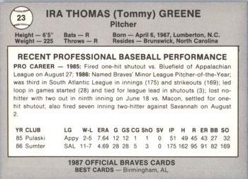 1987 Best Greenville Braves #23 Tommy Greene Back