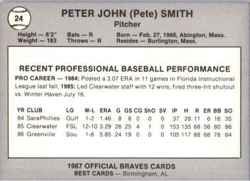 1987 Best Greenville Braves #24 Pete Smith Back