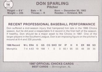 1987 Best Memphis Chicks #14 Don Sparling Back