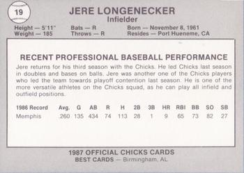 1987 Best Memphis Chicks #19 Jere Longenecker Back