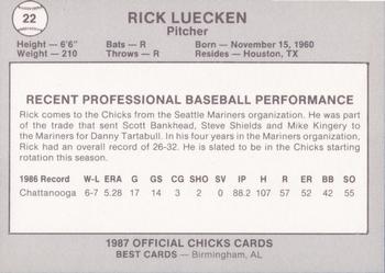 1987 Best Memphis Chicks #22 Rick Luecken Back