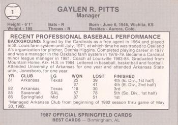 1987 Best Springfield Cardinals #1 Gaylen Pitts Back