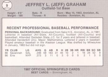 1987 Best Springfield Cardinals #9 Jeffrey L. Graham Back