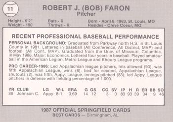1987 Best Springfield Cardinals #11 Robert J. Faron Back