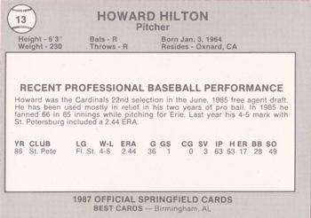 1987 Best Springfield Cardinals #13 Howard Hilton Back
