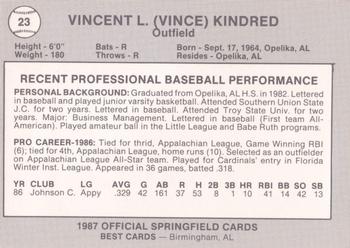 1987 Best Springfield Cardinals #23 Vincent L. Kindred Back