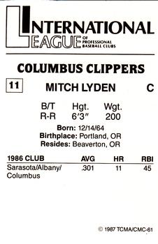 1987 TCMA Columbus Clippers #11 Mitch Lyden Back