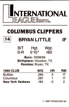 1987 TCMA Columbus Clippers #14 Bryan Little Back