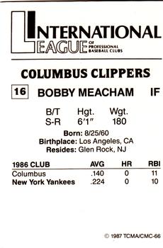 1987 TCMA Columbus Clippers #16 Bobby Meacham Back
