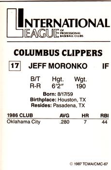 1987 TCMA Columbus Clippers #17 Jeff Moronko Back