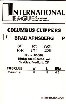 1987 TCMA Columbus Clippers #1 Brad Arnsberg Back