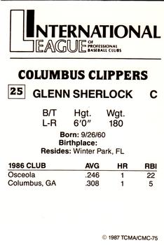 1987 TCMA Columbus Clippers #25 Glenn Sherlock Back