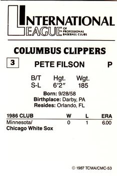 1987 TCMA Columbus Clippers #3 Pete Filson Back