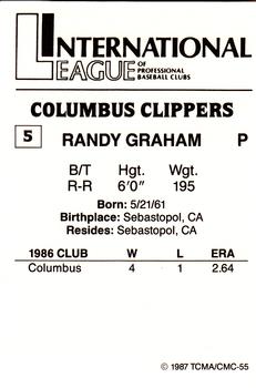 1987 TCMA Columbus Clippers #5 Randy Graham Back