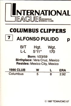 1987 TCMA Columbus Clippers #7 Alfonso Pulido Back