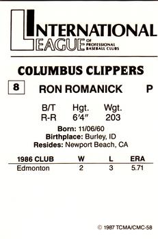 1987 TCMA Columbus Clippers #8 Ron Romanick Back