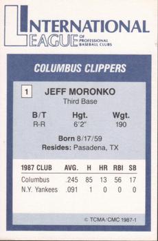 1987 TCMA International League All-Stars #1 Jeff Moronko Back