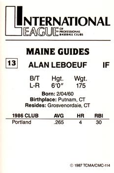 1987 TCMA Maine Guides #13 Alan LeBoeuf Back