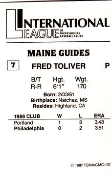 1987 TCMA Maine Guides #7 Fred Toliver Back