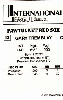 1987 TCMA Pawtucket Red Sox #12 Gary Tremblay Back