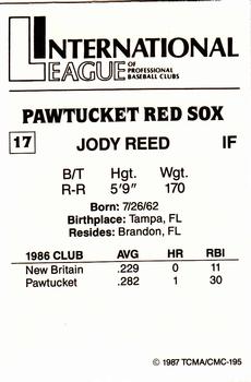 1987 TCMA Pawtucket Red Sox #17 Jody Reed Back