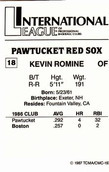 1987 TCMA Pawtucket Red Sox #18 Kevin Romine Back