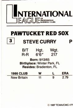 1987 TCMA Pawtucket Red Sox #3 Steve Curry Back