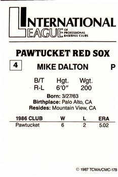 1987 TCMA Pawtucket Red Sox #4 Mike Dalton Back