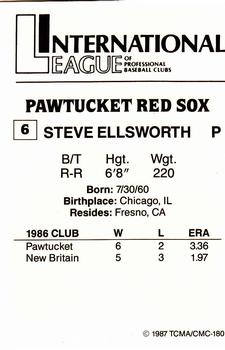 1987 TCMA Pawtucket Red Sox #6 Steve Ellsworth Back