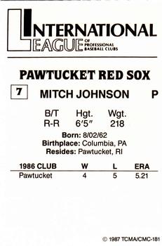 1987 TCMA Pawtucket Red Sox #7 Mitch Johnson Back