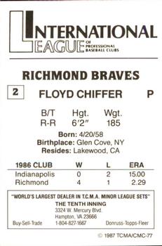 1987 TCMA Richmond Braves #2 Floyd Chiffer Back
