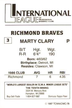1987 TCMA Richmond Braves #3 Marty Clary Back