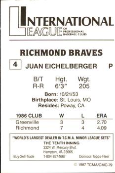 1987 TCMA Richmond Braves #4 Juan Eichelberger Back