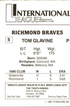 1987 TCMA Richmond Braves #5 Tom Glavine Back