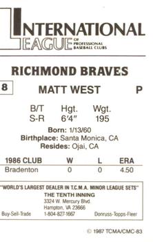 1987 TCMA Richmond Braves #8 Matt West Back