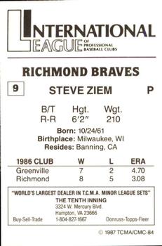 1987 TCMA Richmond Braves #9 Steve Ziem Back